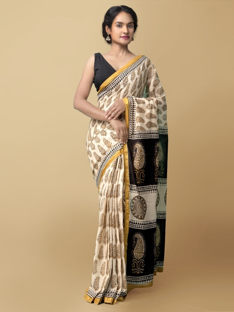 

Unnati Silks Beige & Black Floral Zari Pure Cotton Bagru Saree