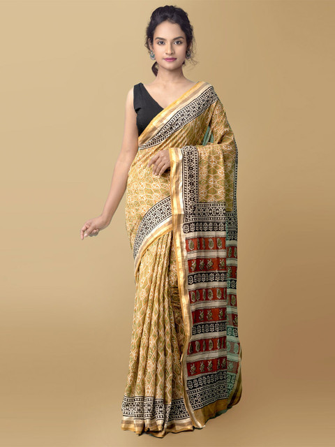 

Unnati Silks Beige & Brown Printed Zari Pure Cotton Bagru Saree
