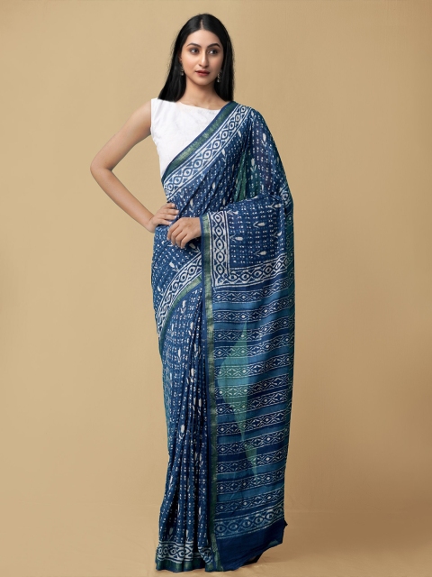 

Unnati Silks Blue & White Zari Pure Mulmul Cotton Preet Dabu Saree