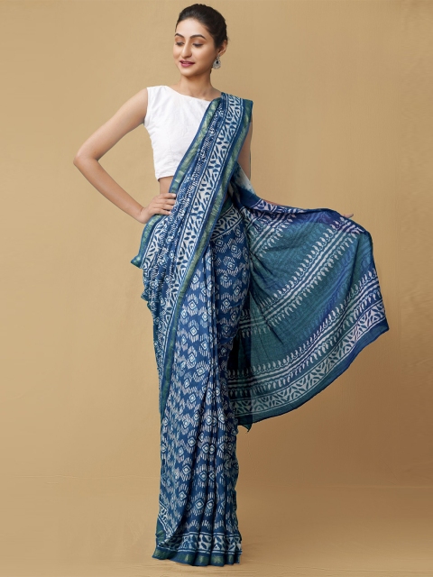 

Unnati Silks Blue & White Dabu Zari Pure Cotton Dabu Saree