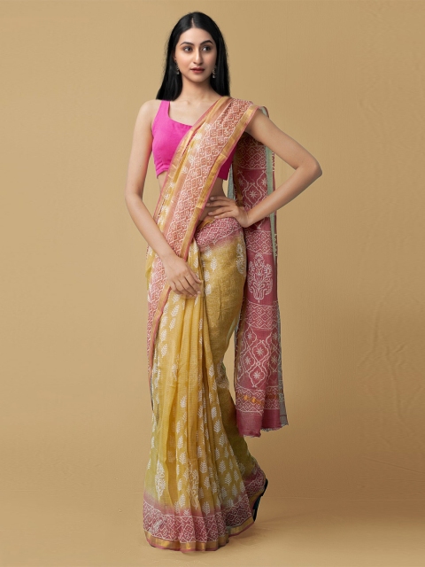 

Unnati Silks Brown & Pink Floral Zari Pure Cotton Kota Saree