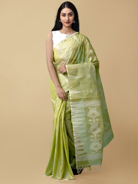 

Unnati Silks Green & White Ethnic Motifs Pure Silk Jamdani Saree
