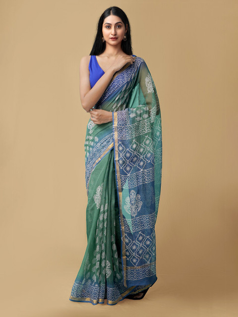 

Unnati Silks Green & Blue Floral Zari Pure Cotton Kota Saree