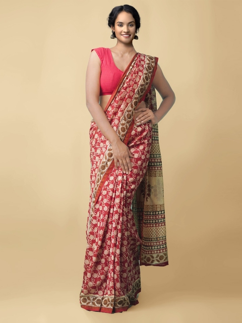 

Unnati Silks Red & Beige Ethnic Motifs Silk Cotton Bagru Saree