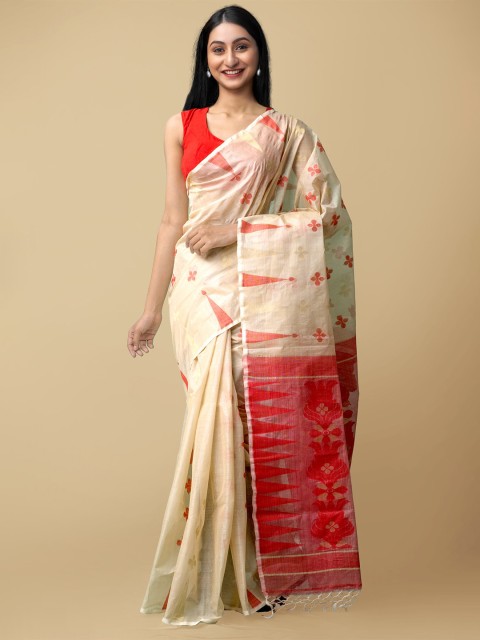

Unnati Silks Beige & Red Woven Design Pure Bengal Muslin Silk Dhakai Jamdani Saree