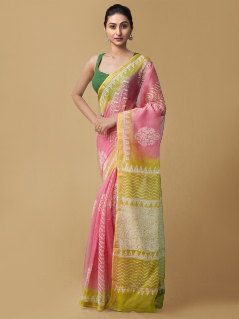

Unnati Silks Pink & Green Printed Kota Pure Cotton Saree