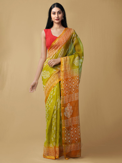 

Unnati Silks Green & Orange Ethnic Motifs Zari Pure Cotton Kota Saree