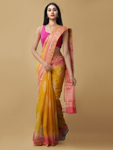 

Unnati Silks Yellow & Pink Ethnic Motifs Zari Pure Cotton Kota Saree