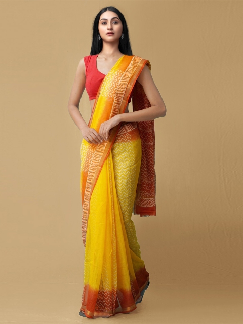 

Unnati Silks Yellow & Red Printed Zari Pure Cotton Kota Saree