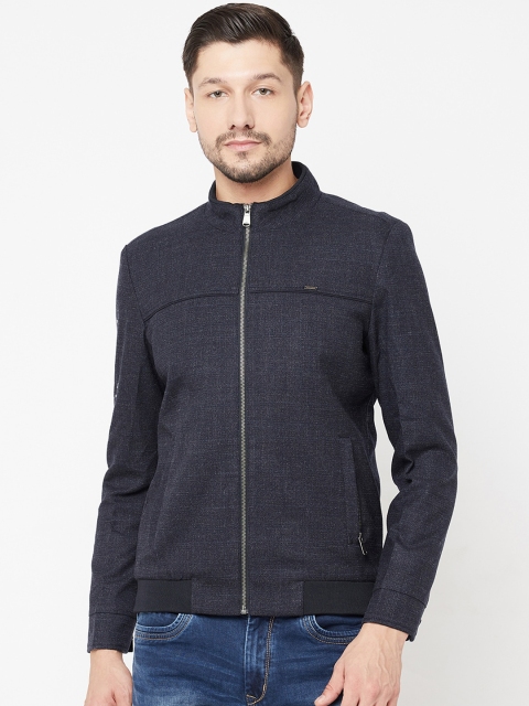 

METTLE Men Navy Blue Geometric Striped Tailored Jacket