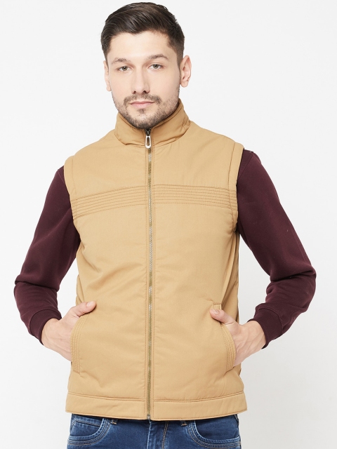 

METTLE Men Khaki Solid Stand Collar Open Front Jacket