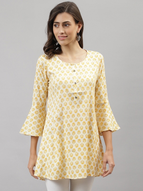 

TANKHI Yellow & Off White Ethnic Printed Cotton Tunic