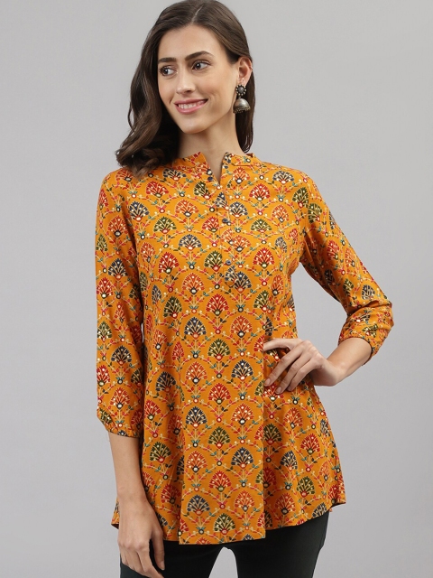 

TANKHI Mustard & Red Mandarin Collar Printed Cotton Tunic