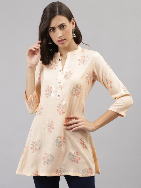 

TANKHI Peach-Coloured & Grey Mandarin Collar Printed Cotton Tunic
