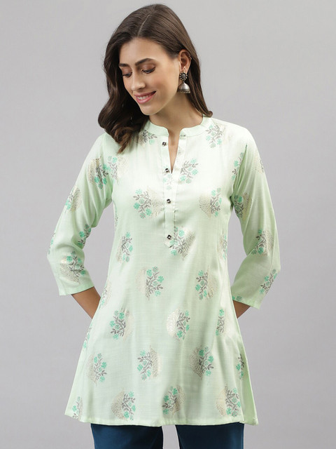 

TANKHI Green & Brown Mandarin Collar Printed Cotton Tunic