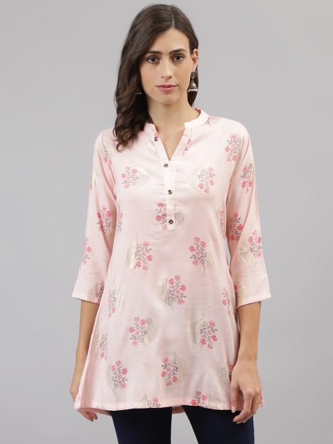 

TANKHI Pink & Gold-Toned Mandarin Collar Printed Tunic