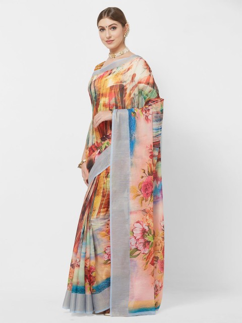 

Viva N Diva Peach-Coloured & Grey Floral Linen Blend Saree