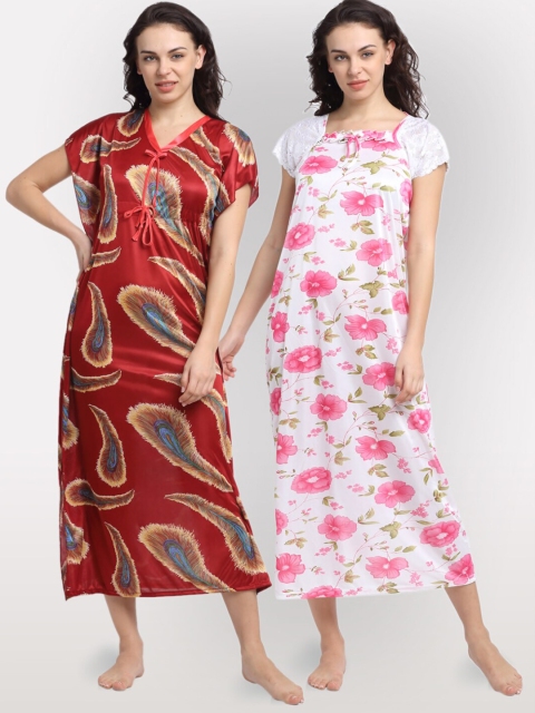 

NEUDIS Pack Of 2 Maroon & White Printed Maxi Nightdress