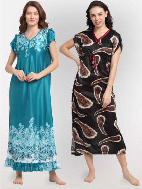 

NEUDIS Women Pack Of 2 Blue & Black Satin Blend Printed Maxi Nightdress