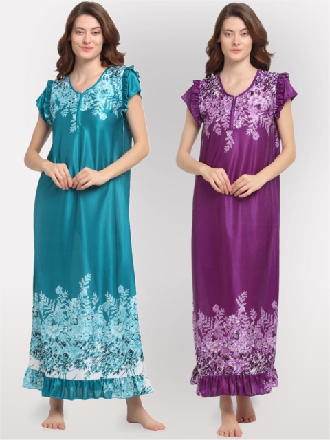 

NEUDIS Pack Of 2 Printed Maxi Satin Blend Nightdresses, Blue