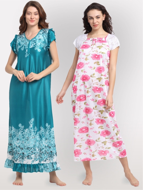 

NEUDIS Pack Of 2 Teal Blue & White Printed Maxi Nightdress