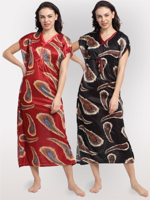 

NEUDIS Pack Of 2 Maroon & Black Printed Maxi Nightdress