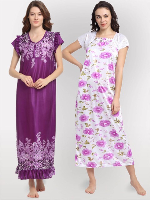 

NEUDIS Women Pack Of 2 Satin Blend Printed Maxi Nightdress, Purple