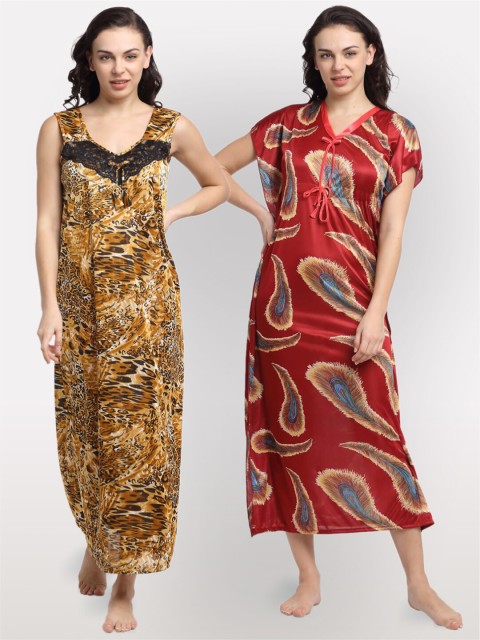 

NEUDIS Pack Of 2 Yellow & Red Printed Maxi Nightdress