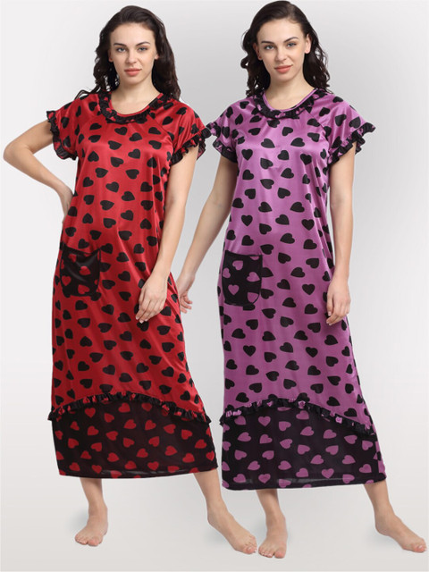 

NEUDIS Pack Of 2 Purple & Red Printed Maxi Nightdress