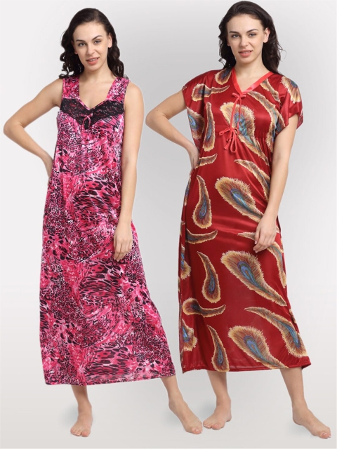 

NEUDIS Pack Of 2 Red & Pink Printed Maxi Nightdress