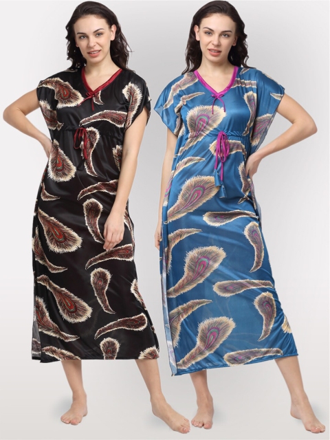 

NEUDIS Pack Of 2 Black & Blue Printed Maxi Nightdress