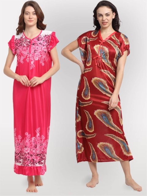 

NEUDIS Pack of 2 Red & Pink Printed Maxi Nightdress