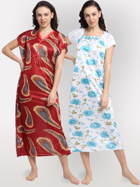 

NEUDIS Pack Of 2 Printed Midi Satin Blend Nightdresses, White