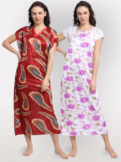 

NEUDIS Pack Of 2 Maroon & White Printed Maxi Nightdress