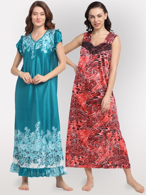 

NEUDIS Set of 2 Blue & Red Printed Maxi Nightdress