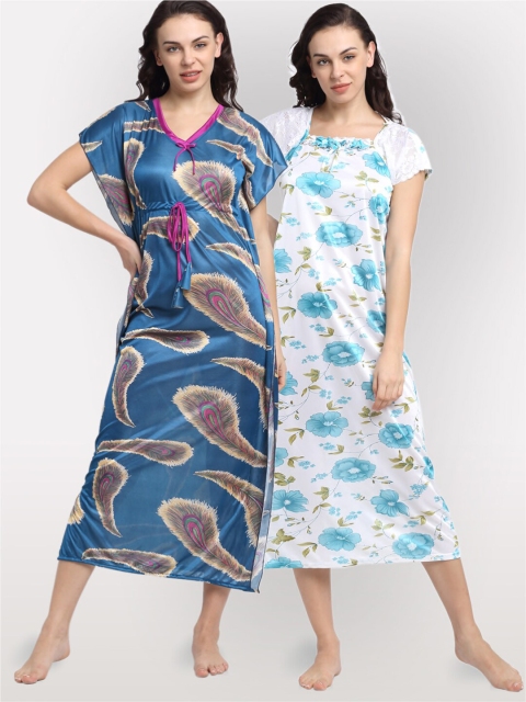 

NEUDIS Women Pack Of 2 Satin Blend Printed Maxi Nightdress, White