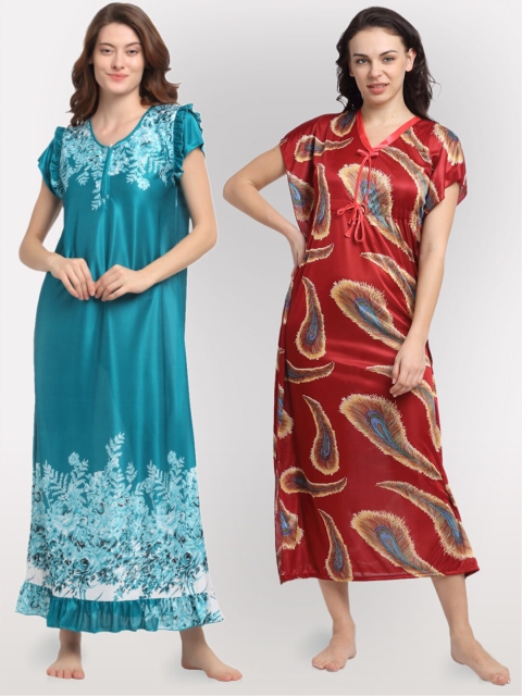 

NEUDIS Women Pack Of 2 Satin Blend Printed Maxi Nightdress, Blue