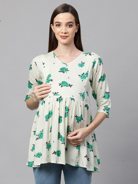 

MomToBe Beige & Green Floral A-Line Top