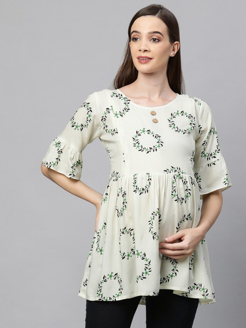 

MomToBe Beige & Green Floral A-Line Top