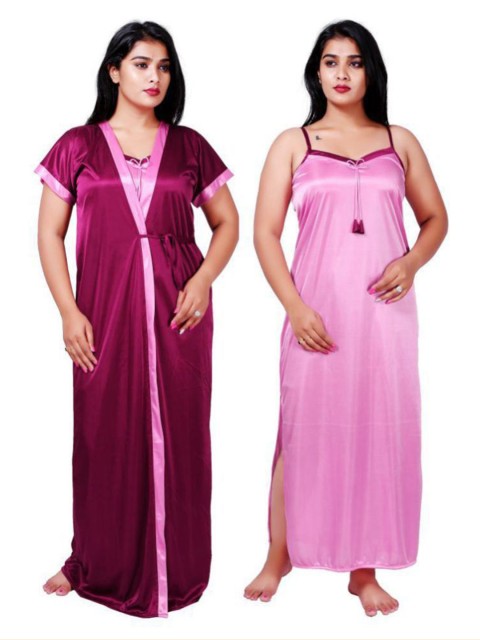 

NEUDIS Women Red & Pink Satin Blend Solid Wrap Nightdress