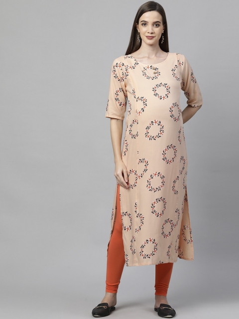 

MomToBe Women Orange Floral Printed Cold-Shoulder Sleeves Maternity Kurta