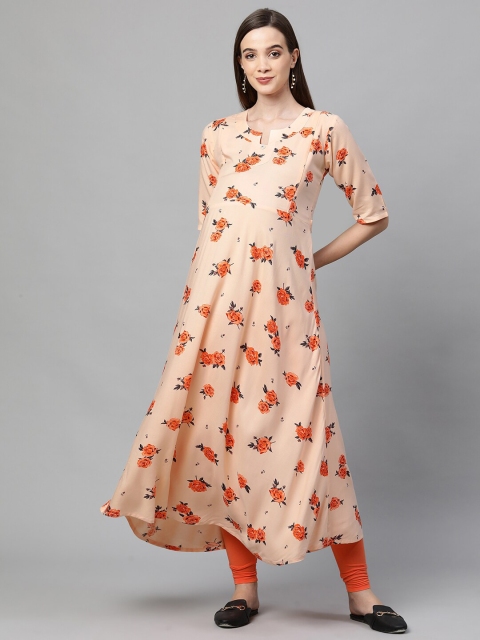 

MomToBe Women Orange & Black Floral Printed Keyhole Neck Maternity Kurta