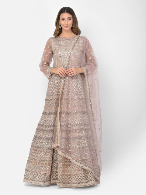 

Neerus Mauve Embellished Satin Ethnic Maxi Dress With Dupatta