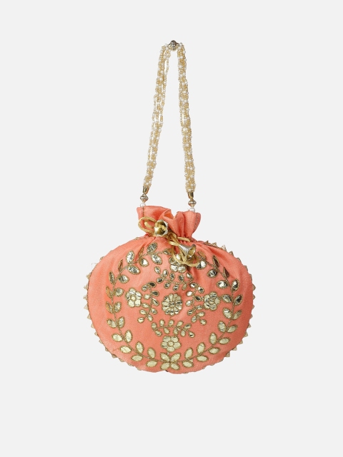 

Aditi Wasan Peach-Coloured & Gold-Toned Embroidered Potli Clutch