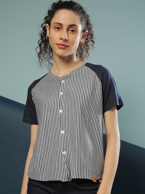 

Campus Sutra Navy Blue & Off White Striped Shirt Style Top
