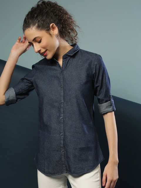 

Campus Sutra Women Blue Slim Fit Opaque Faded Casual Shirt