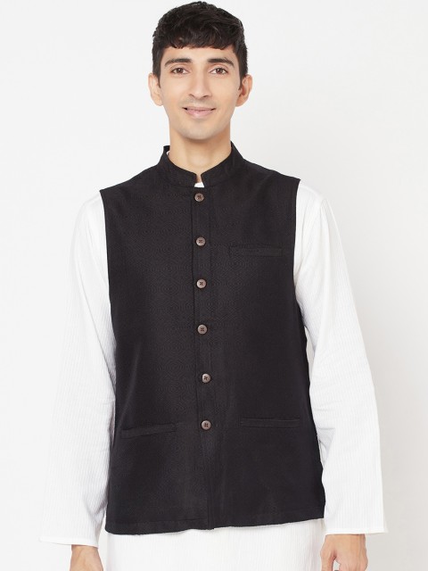 

Fabindia Men Black Woven-Design Nehru Jacket