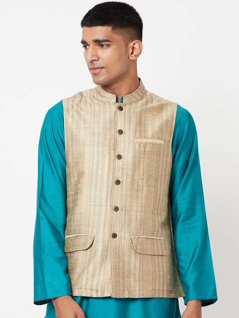 

Fabindia Men Beige Striped Pure Silk Woven Nehru Jacket