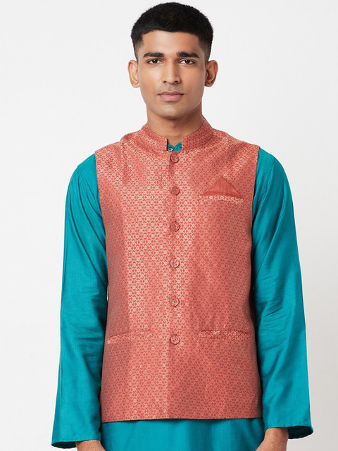 

Fabindia Men Peach Brocade Woven-Design Nehru Jacket