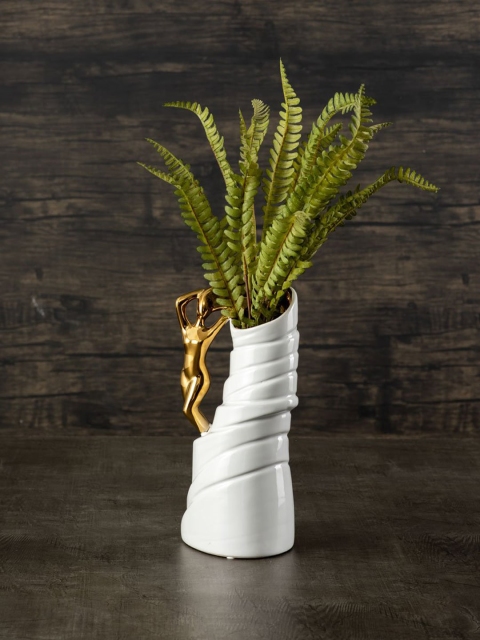 

THEDECORKART White & Gold-Toned Textured Ceramic Vase